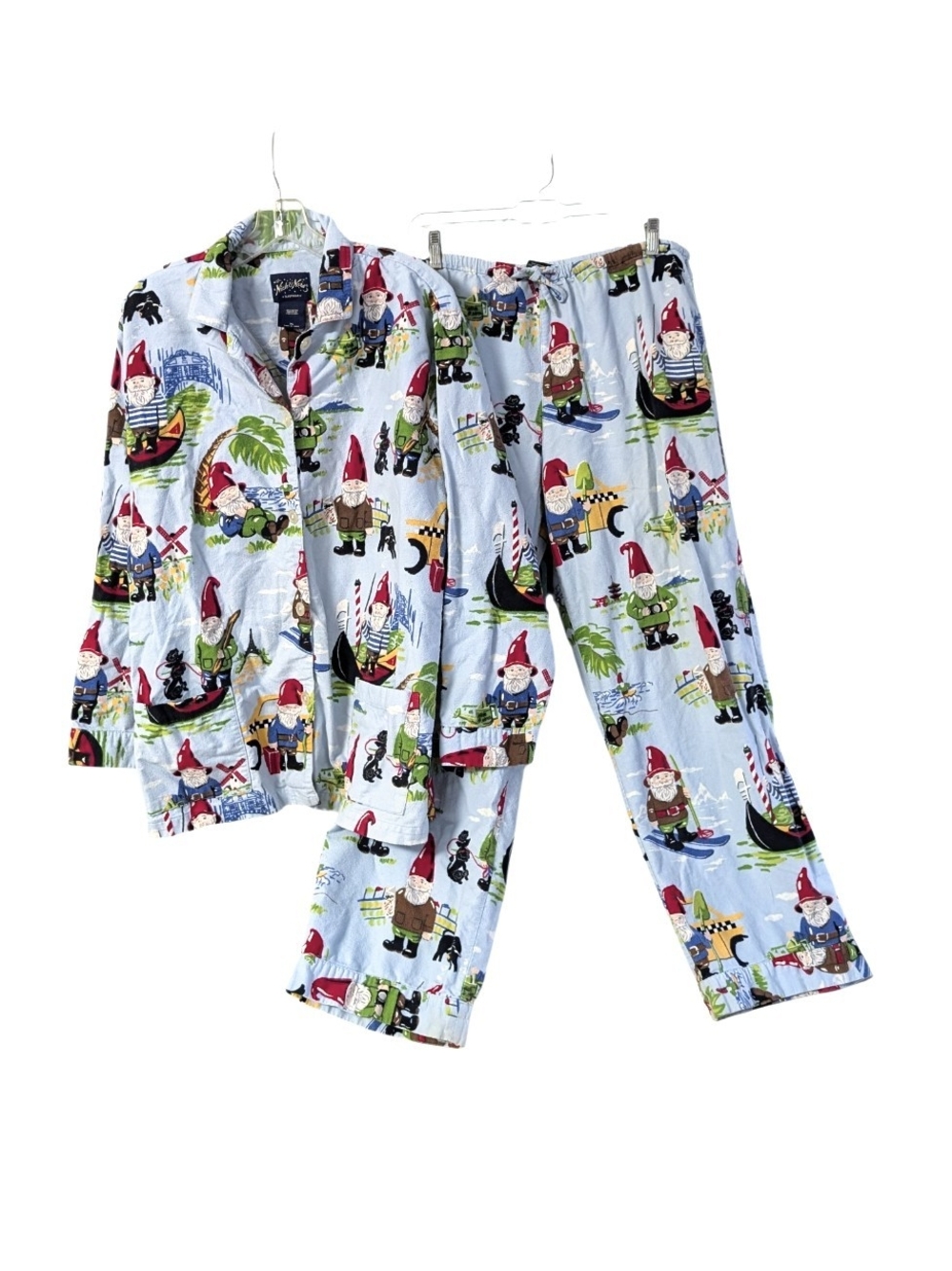 Nick & Nora Vintage Traveling Gnomes Flannel Pajama Set Light Blue, XL